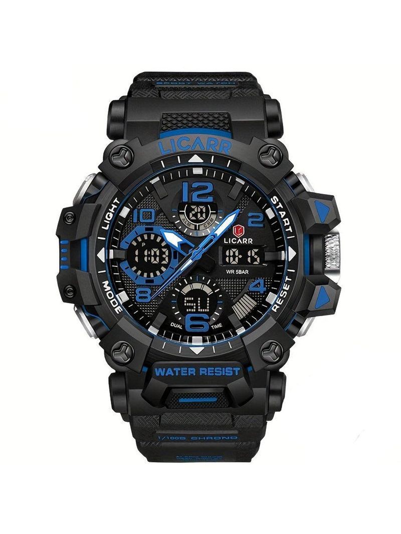 Relógio Digital Masculino à Prova De água 5atm Duplo Display Esportivo Quartzo Azul Preto