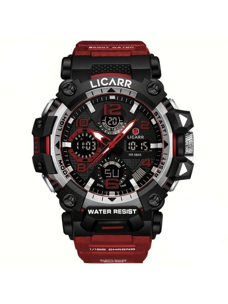 Relógio Digital Masculino à Prova De água 5atm Duplo Display Esportivo Quartzo Vermelho
