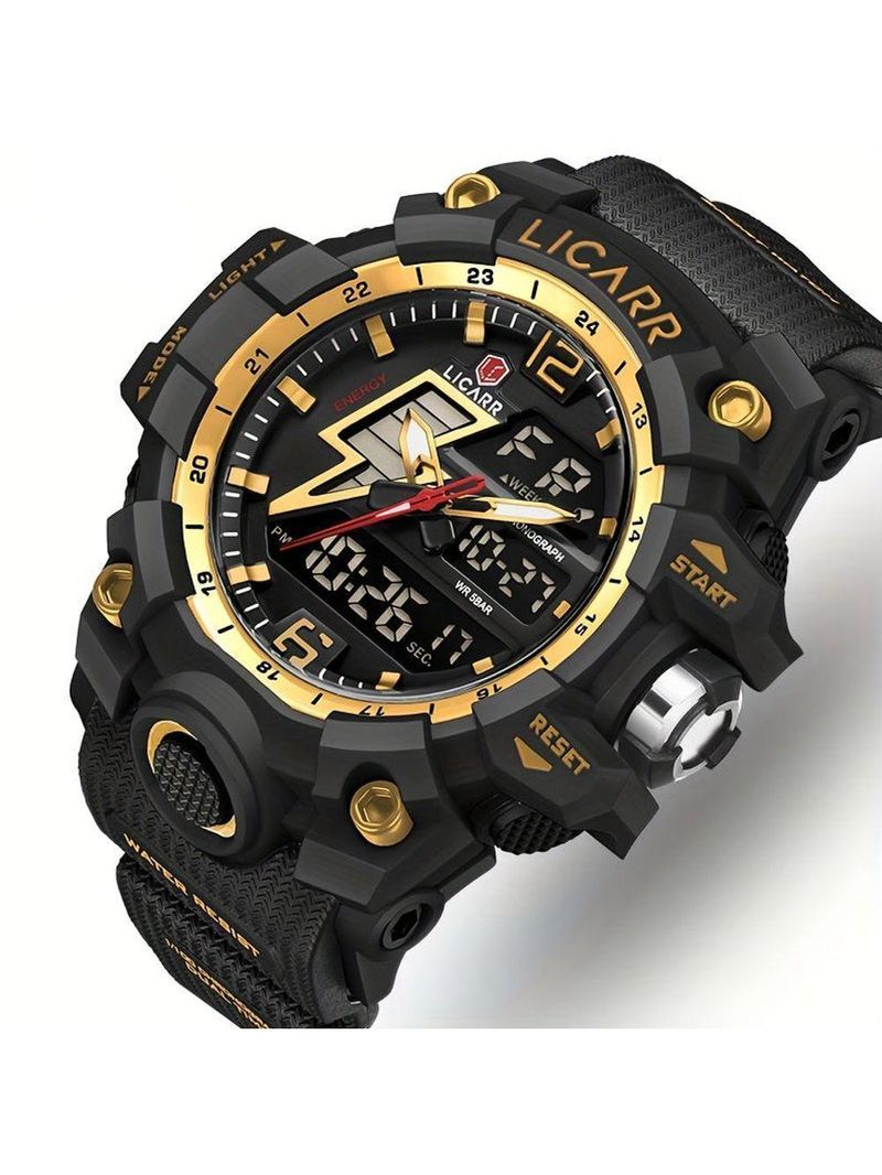 Relógio Esportivo Masculino Com Cronógrafo Analógico Digital Duplo Display 50m À Prova Da Água Preto Dourado