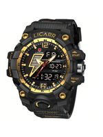 Relógio Esportivo Masculino Com Cronógrafo Analógico Digital Duplo Display 50m À Prova Da Água Preto Dourado