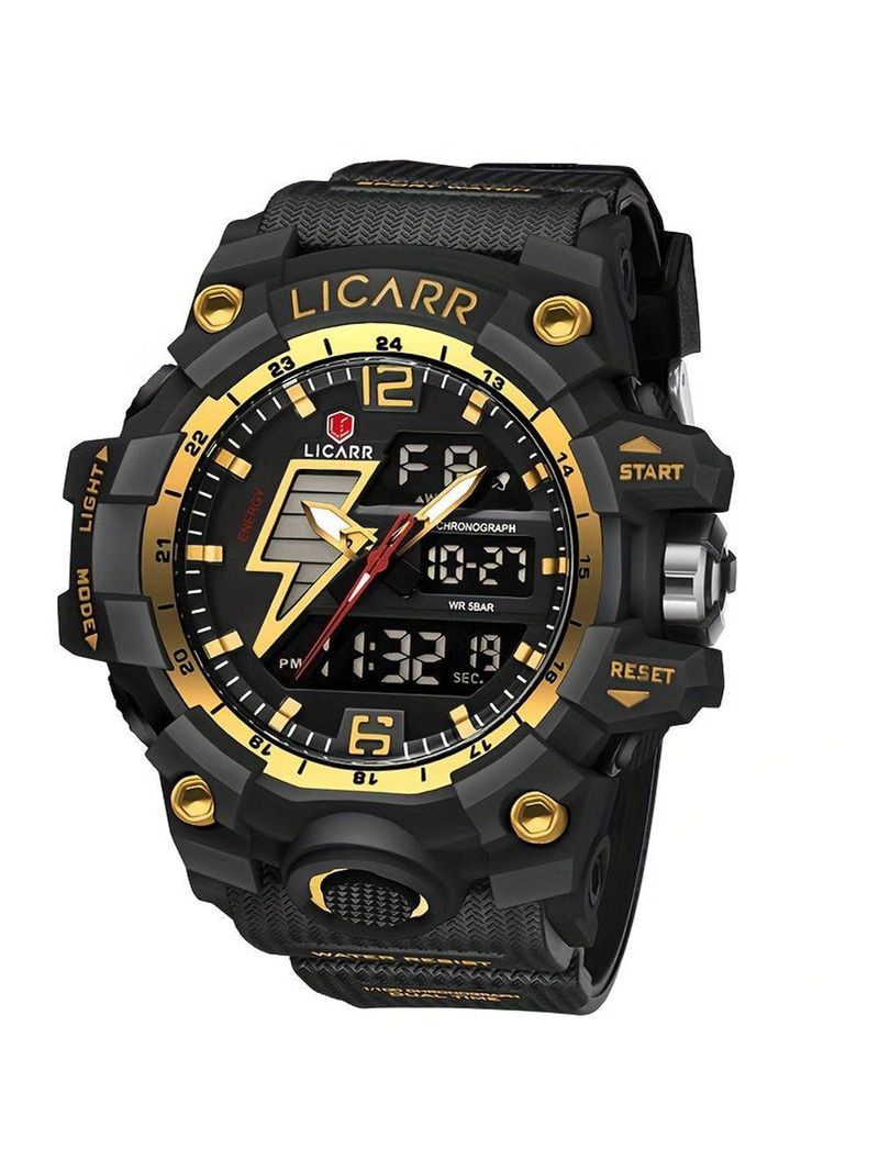 Relógio Esportivo Masculino Com Cronógrafo Analógico Digital Duplo Display 50m À Prova Da Água Preto Dourado