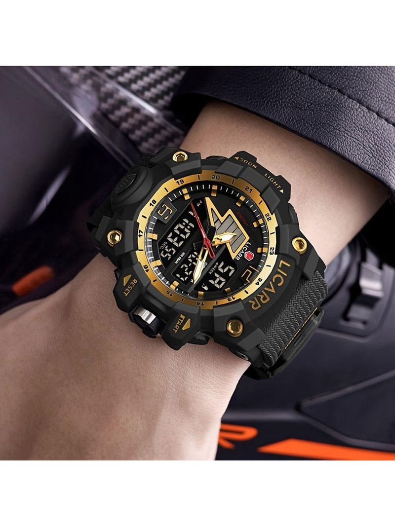 Relógio Esportivo Masculino Com Cronógrafo Analógico Digital Duplo Display 50m À Prova Da Água Preto Dourado