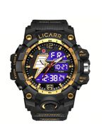 Relógio Esportivo Masculino Com Cronógrafo Analógico Digital Duplo Display 50m À Prova Da Água Preto Dourado