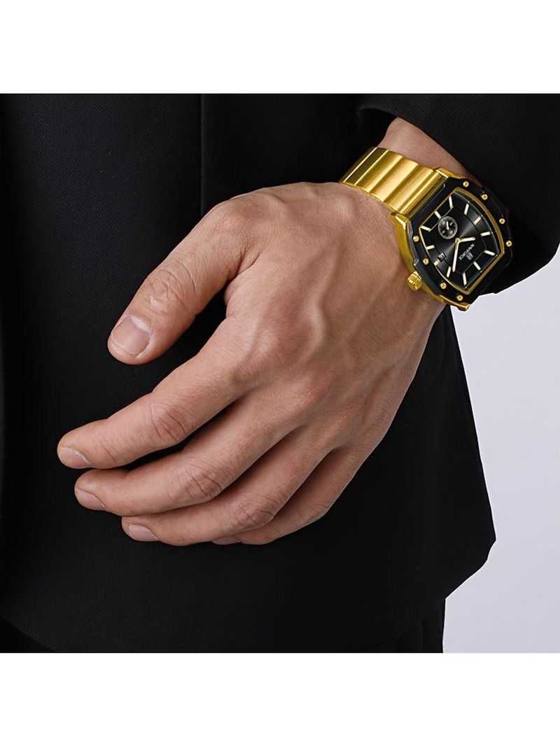 Relógio Masculino Quartzo Com Pulseira De Aço Inoxidavel Impermeavel 3atm Preto Dourado