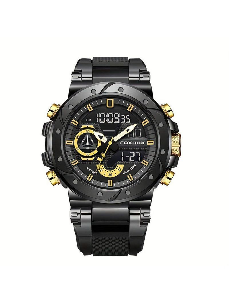 Relógio De Quartzo Masculino Com Visor Luminoso Pulseira De Silicone Casual Dourado Preto