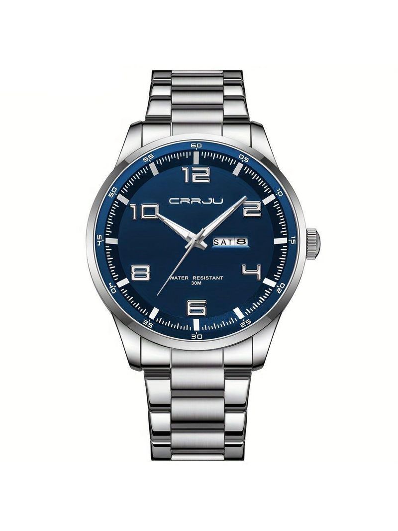 Relógio Masculino Pulseira Em Aço Inoxidável Movimento Quartzo Analógico Azul Prateado
