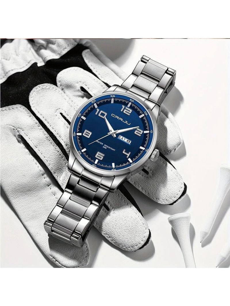 Relógio Masculino Pulseira Em Aço Inoxidável Movimento Quartzo Analógico Azul Prateado