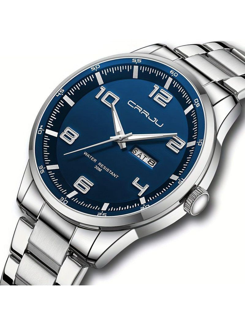 Relógio Masculino Pulseira Em Aço Inoxidável Movimento Quartzo Analógico Azul Prateado