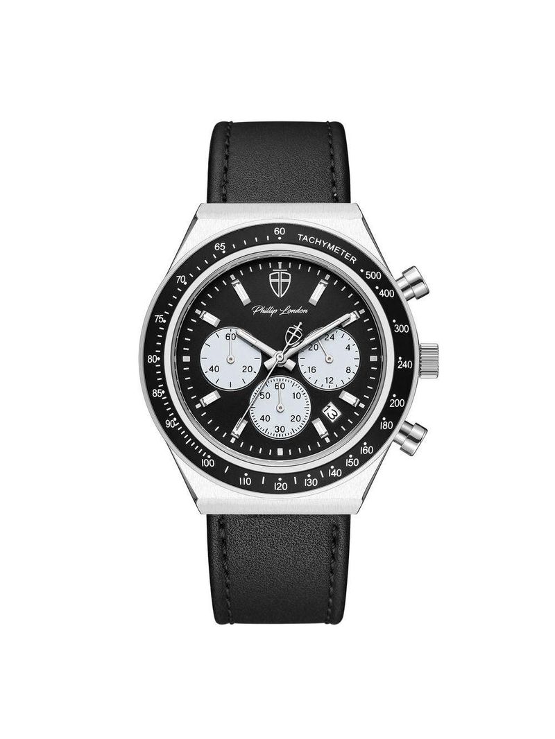 Relógio Masculino London Leather Silver Black 43mm
