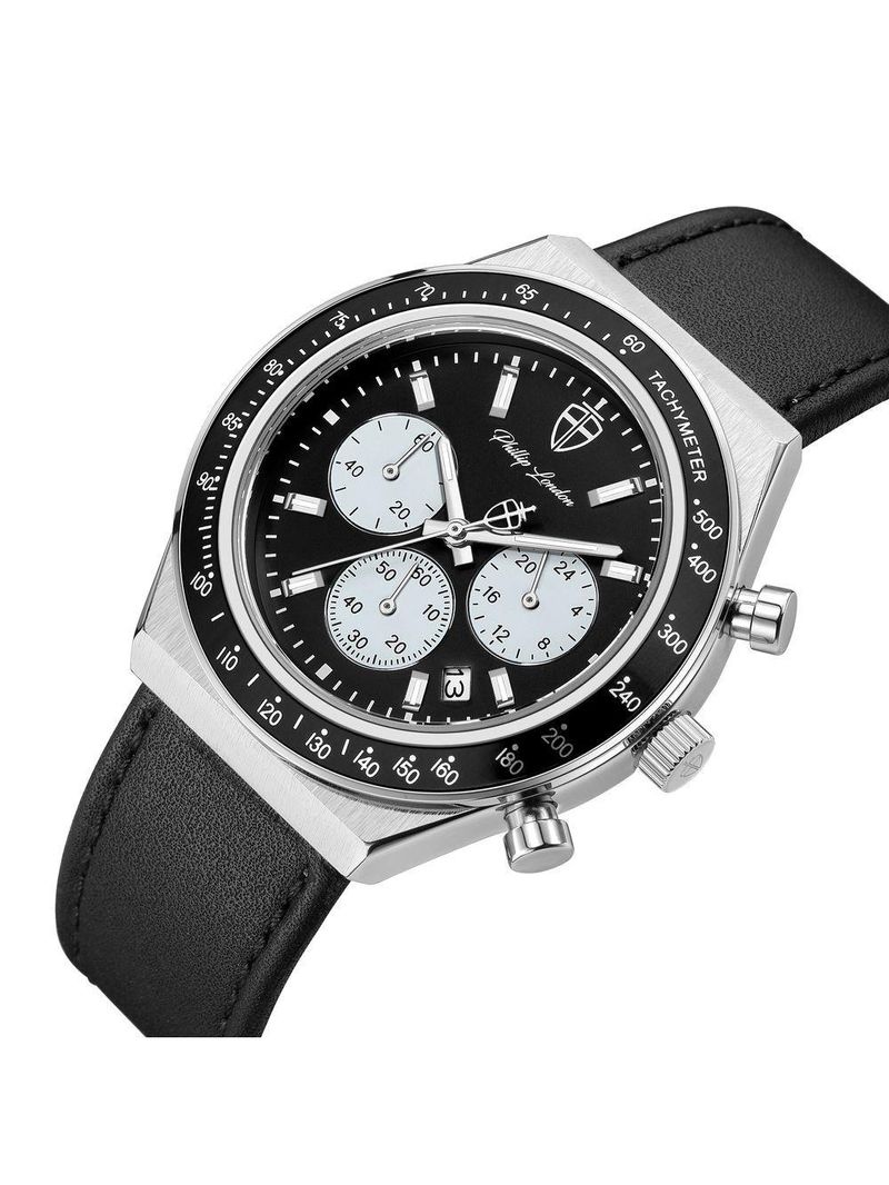 Relógio Masculino London Leather Silver Black 43mm
