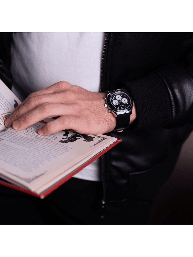 Relógio Masculino London Leather Silver Black 43mm
