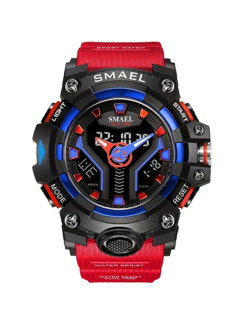 Relógio Esportivo Masculino Digital Dual Display Mostrador Luminoso À Prova Da Água Preto Vermelho