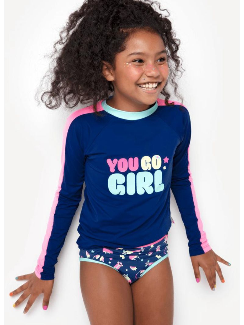 Conjunto camiseta e calcinha com proteção solar menina teen unicórnio skate