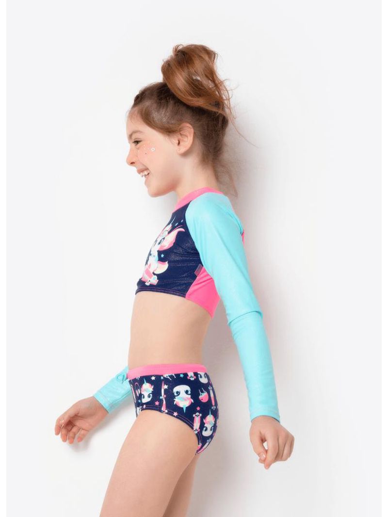 Conjunto cropped e calcinha com proteção solar menina unicórnio skate