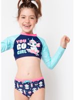 Conjunto cropped e calcinha com proteção solar menina unicórnio skate