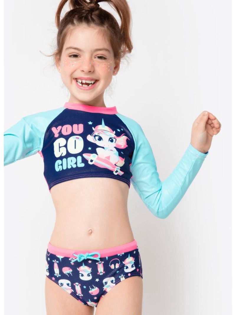 Conjunto cropped e calcinha com proteção solar menina unicórnio skate