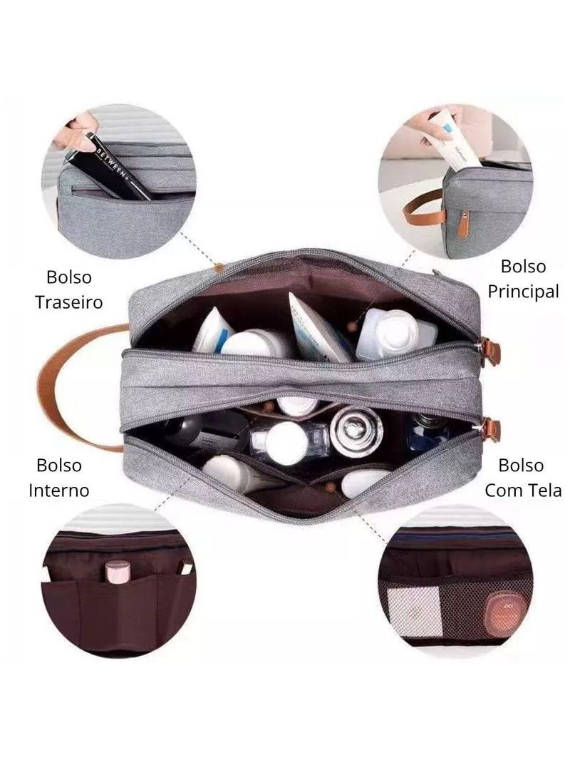 Bolsa Necessaire Masculina Feminina Organizadora Multifuncional Portátil Viagem Trabalho Impermeável Cinza