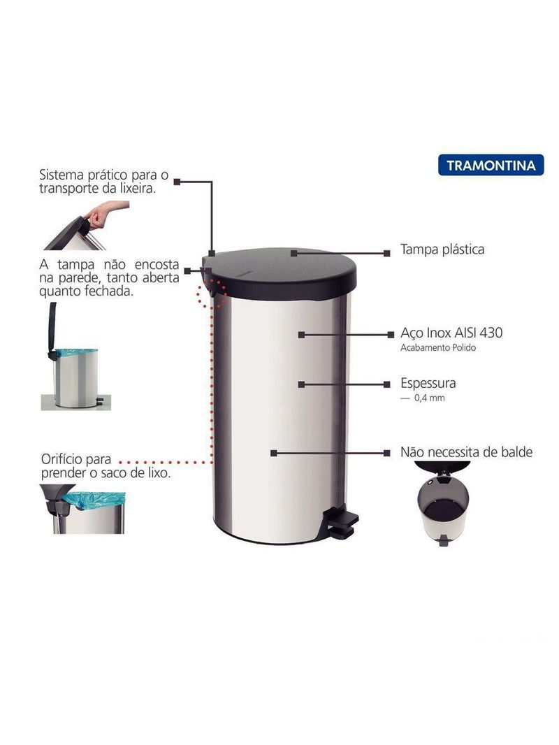 Lixeira Inox Com Pedal New Tramontina Com Acabamento Polido 20 L Tramontina