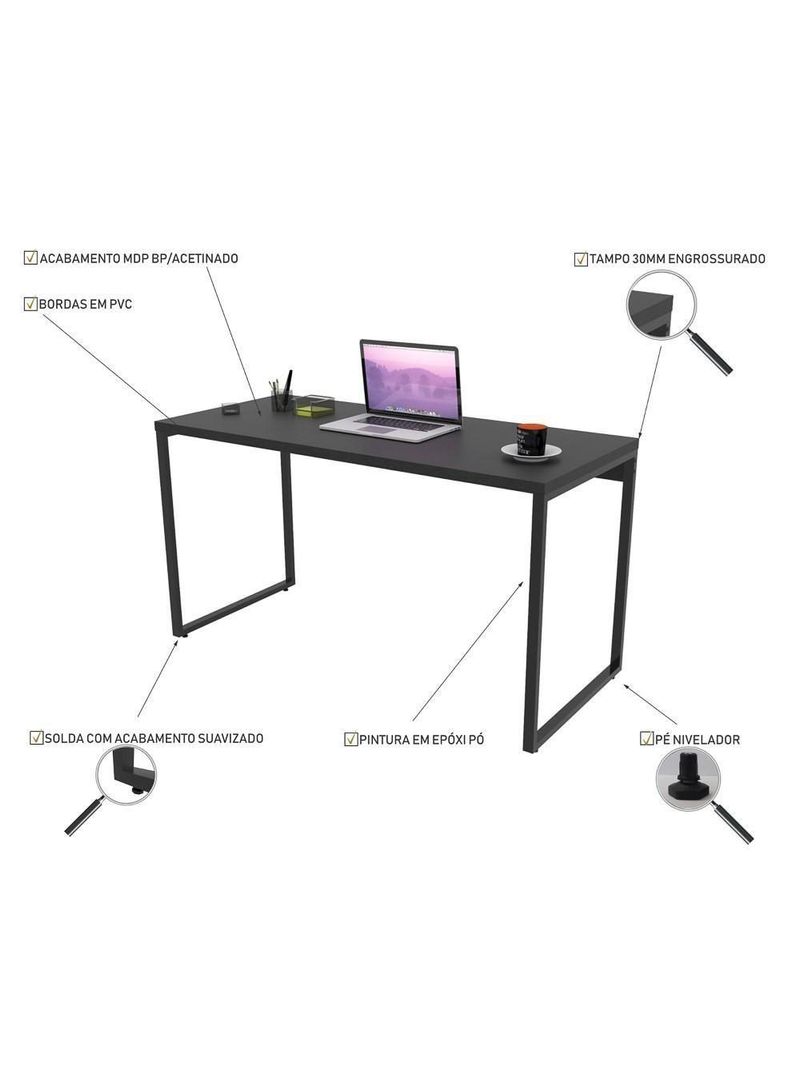 Kit 2 Mesas De Escritório Office 135cm Estilo Industrial Prisma C08 Preto Onix - Mpozenato