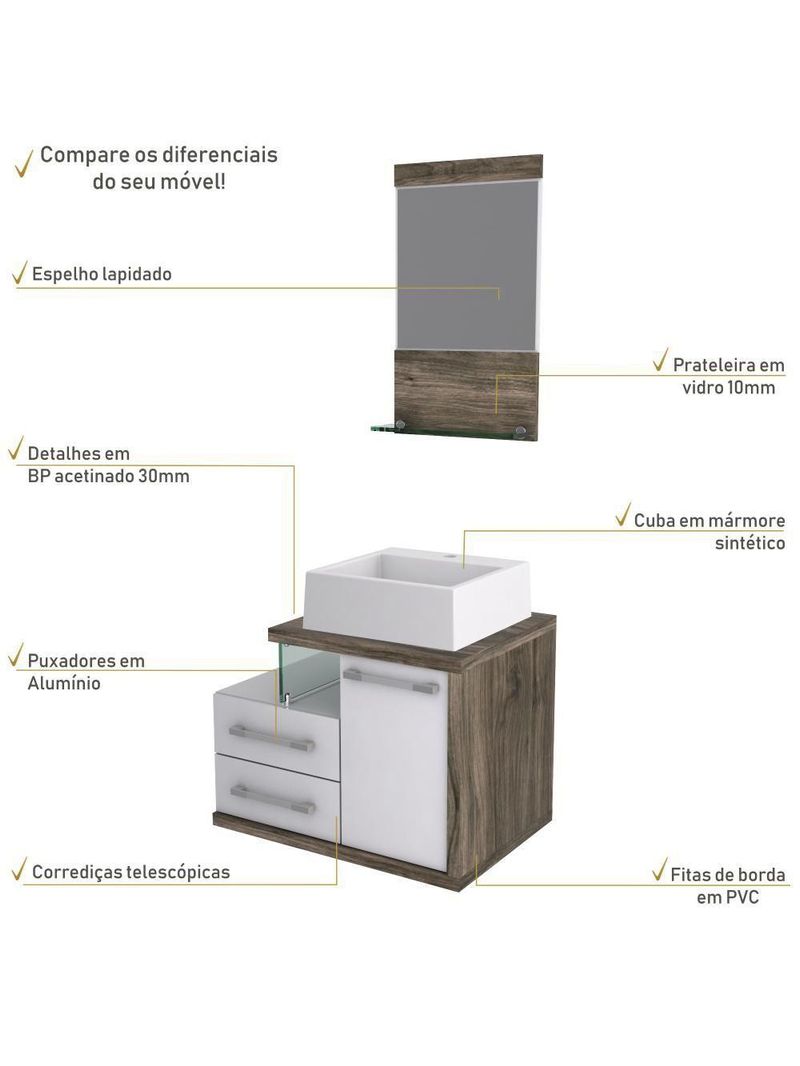 Gabinete Para Banheiro C-cuba Q355 E Espelheira Legno 651 Branco Chess C-carvalho Dark