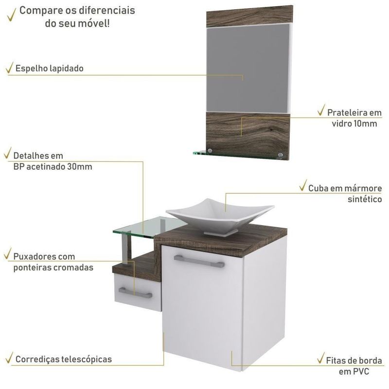 Gabinete Para Banheiro C-cuba L34 E Espelheira Legno 631 Branco Chess C-carvalho Dark