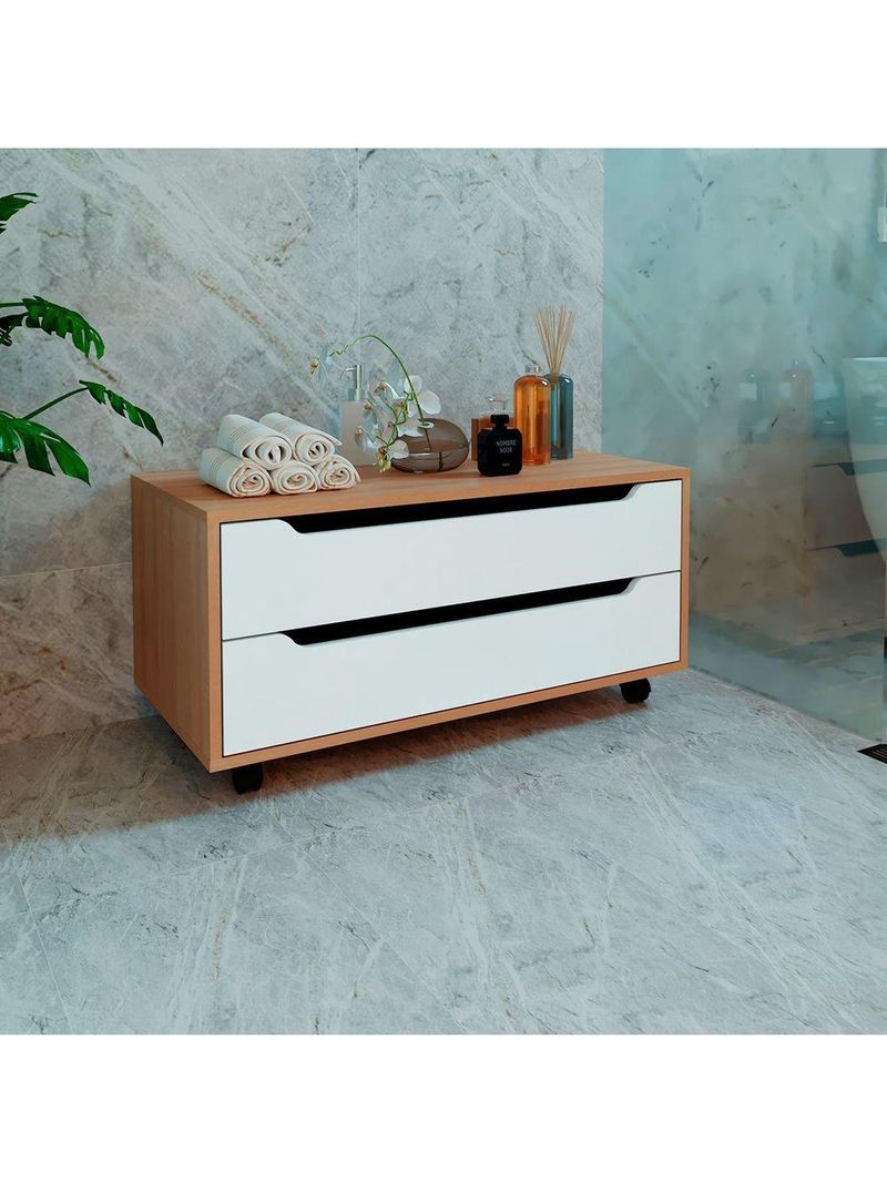 Balcão Para Gabinete De Banheiro 2 Gavetas E Rodízios Amêndoa/branco