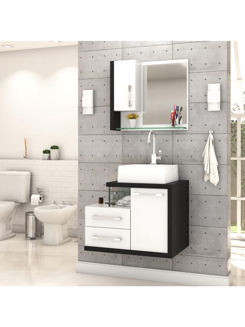 Gabinete Para Banheiro C-cuba Q355 E Espelheira Legno 650 Branco Chess C-preto ônix