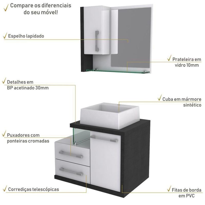 Gabinete Para Banheiro C-cuba Q355 E Espelheira Legno 650 Branco Chess C-preto ônix