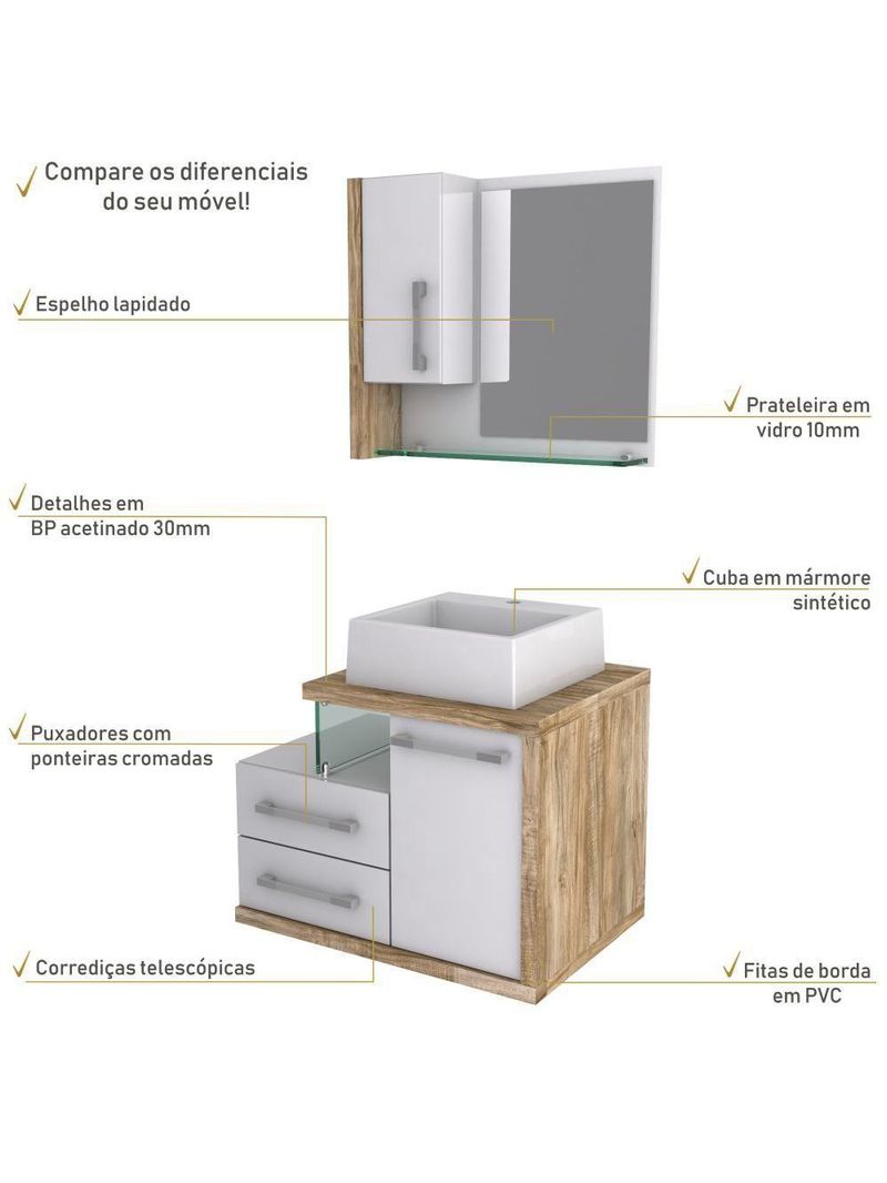 Gabinete Para Banheiro C-cuba Q355 E Espelheira Legno 650 Branco Chess C-carvalho