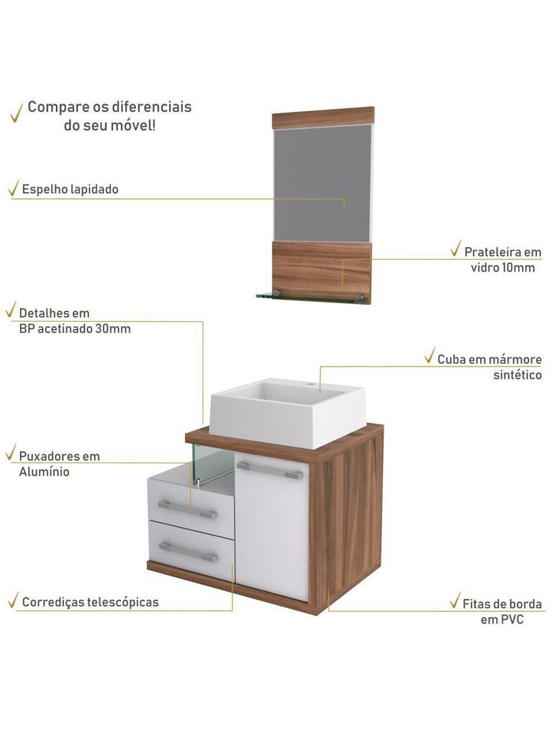 Gabinete Para Banheiro C-cuba Q355 E Espelheira Legno 651 Branco Chess C-nogal