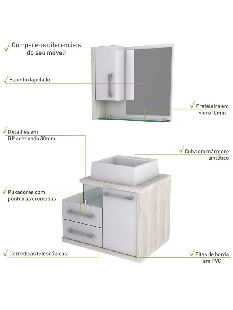 Gabinete Para Banheiro C-cuba Q355 E Espelheira Legno 650 Branco Chess C-snow