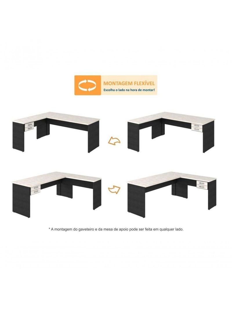 Mesa Para Escritório Em L 1,60x1,60m Tampo E Pés 30mm C-gav Snow C-preto ônix