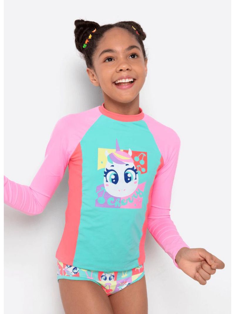 Camiseta menina teen com proteção solar unicórnio cherry