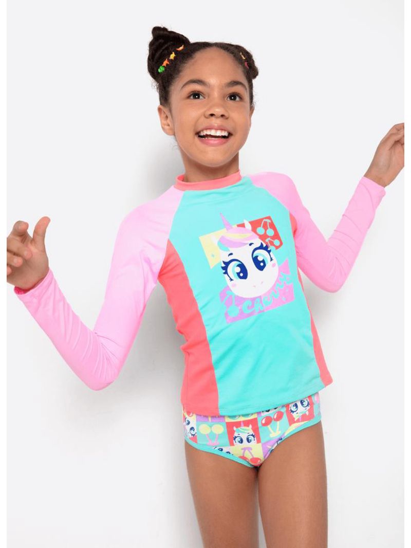 Camiseta menina teen com proteção solar unicórnio cherry