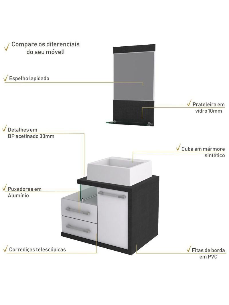 Gabinete Para Banheiro C-cuba Q355 E Espelheira Legno 651 Branco Chess C-preto ônix