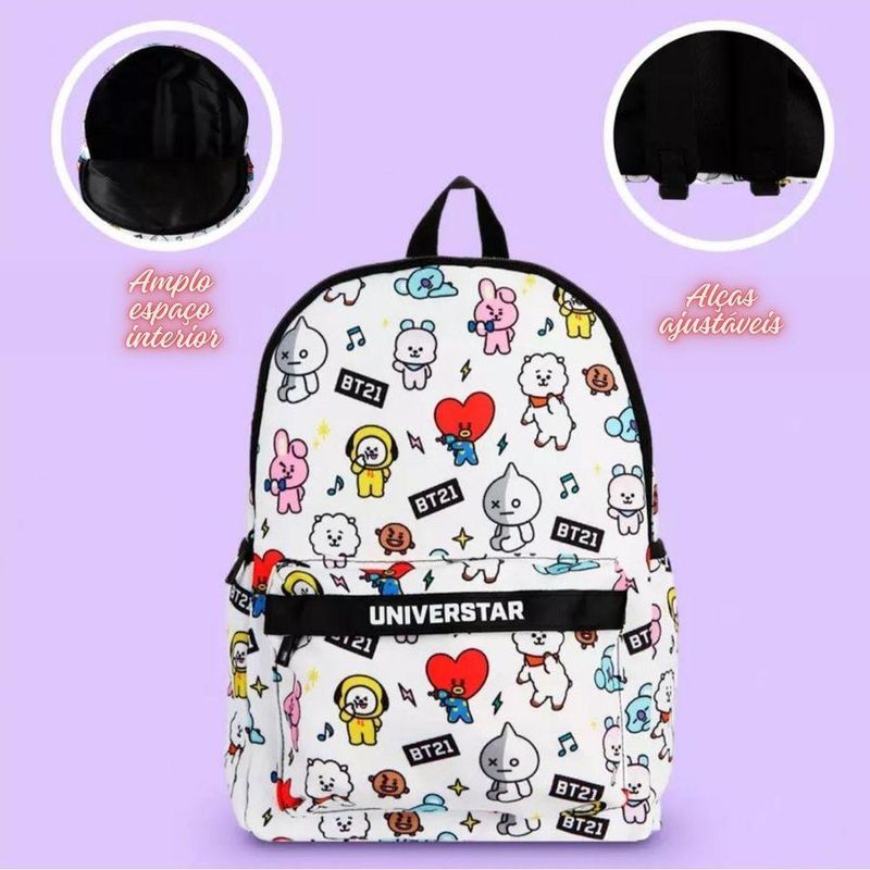 Mochila De Costa Escolar Personagens Bt21 Branca Bts