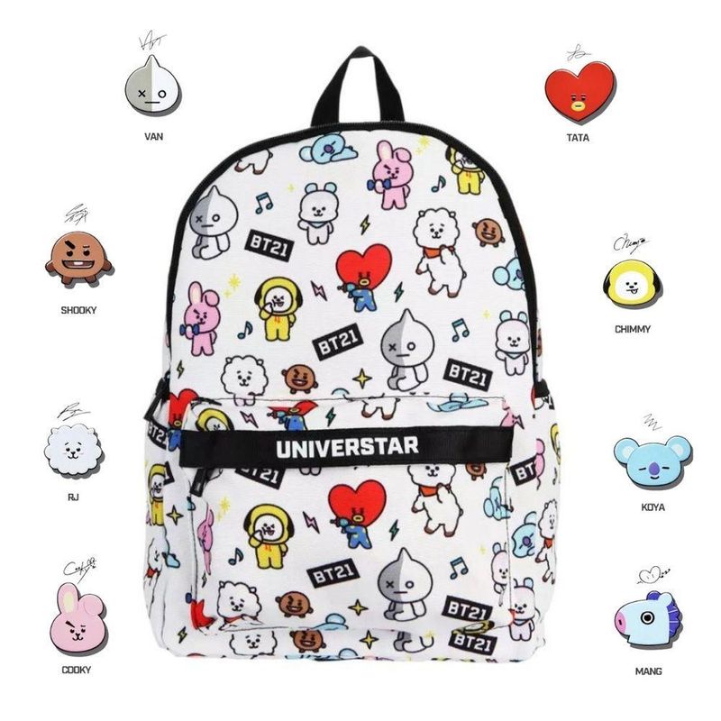 Mochila De Costa Escolar Personagens Bt21 Branca Bts