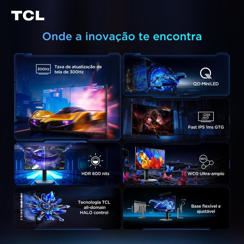 Monitor gamer 25” full hd tcl 25g64 qd-mini led 300hz 1ms freesync premium