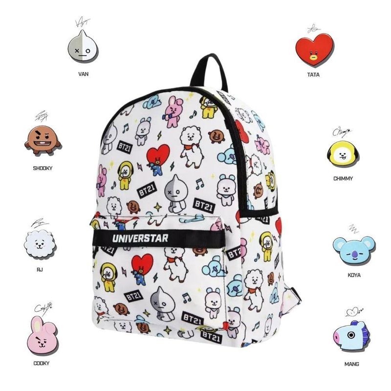 Mochila De Costa Escolar Personagens Bt21 Branca Bts