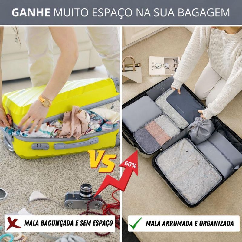 Kit Organizador Viagem 6 Peçasc/Zíper Organizadores Mala Para Roupas, Calçados E Acessórios Cinza