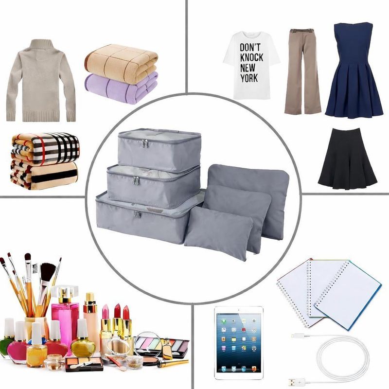 Kit Organizador Viagem 6 Peçasc/Zíper Organizadores Mala Para Roupas, Calçados E Acessórios Cinza