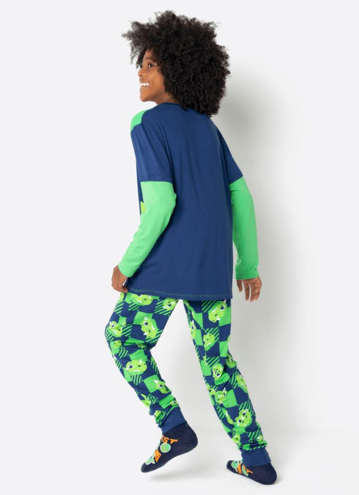 Pijama manga longa menino teen dragão camping