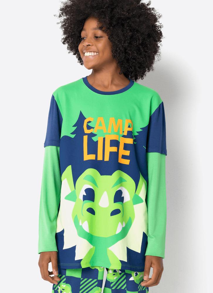 Pijama manga longa menino teen dragão camping