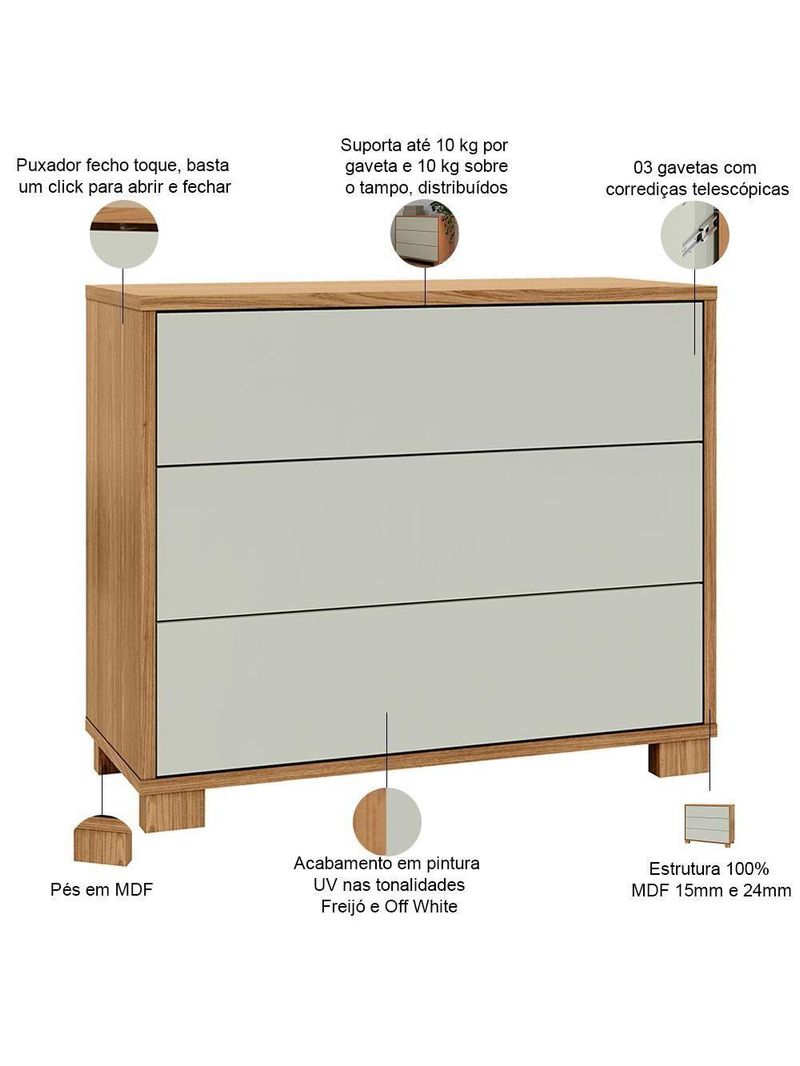 Cômoda Para Quarto 3 Gavetas 105cm Click D03 Freijó Off White - Lyam Decor