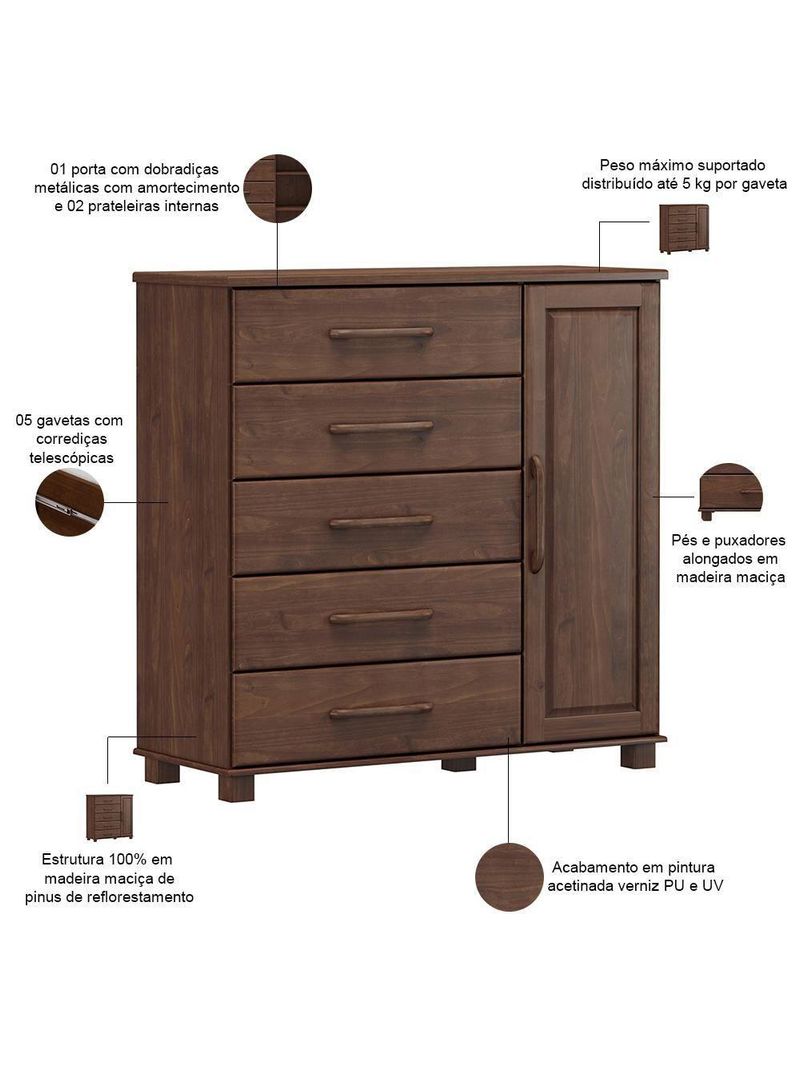 Cômoda Sapateira Para Quarto Closet 5 Gavetas 1 Porta Zahav F06 Café - Lyam Decor