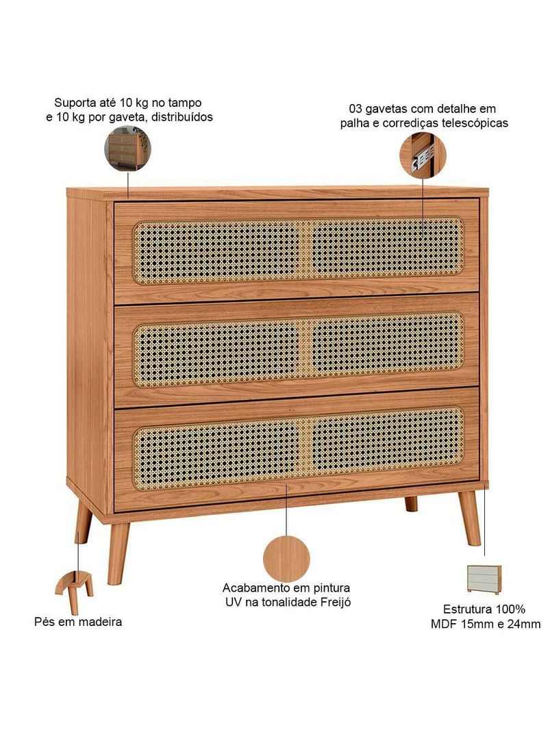 Cômoda Para Quarto 3 Gavetas Com Palha 105cm Pés Retrô Arnoni D03 Freijó - Lyam Decor