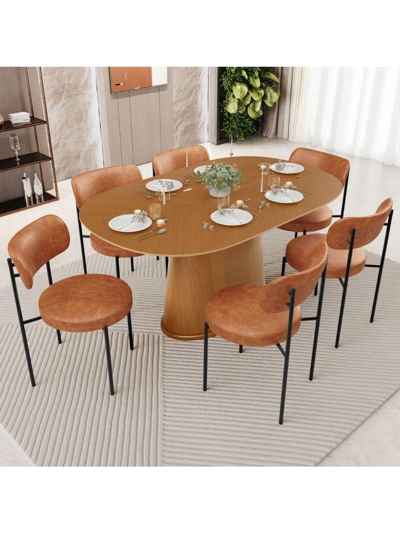Mesa Valência Com 06 Cadeiras Para Sala De Jantar Louise L02 Couríssimo Camel - Lyam Decor