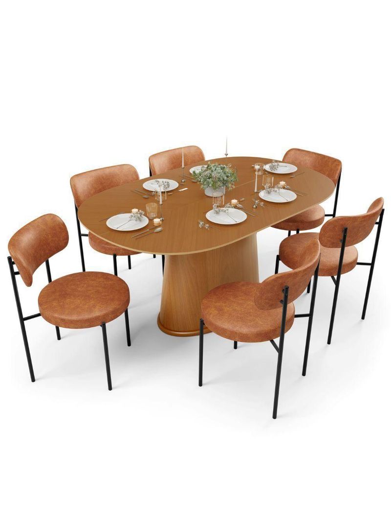 Mesa Valência Com 06 Cadeiras Para Sala De Jantar Louise L02 Couríssimo Camel - Lyam Decor