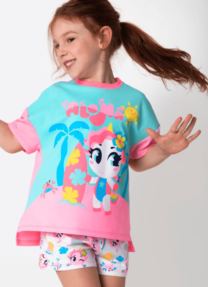 Pijama manga curta menina unicórnio aloha