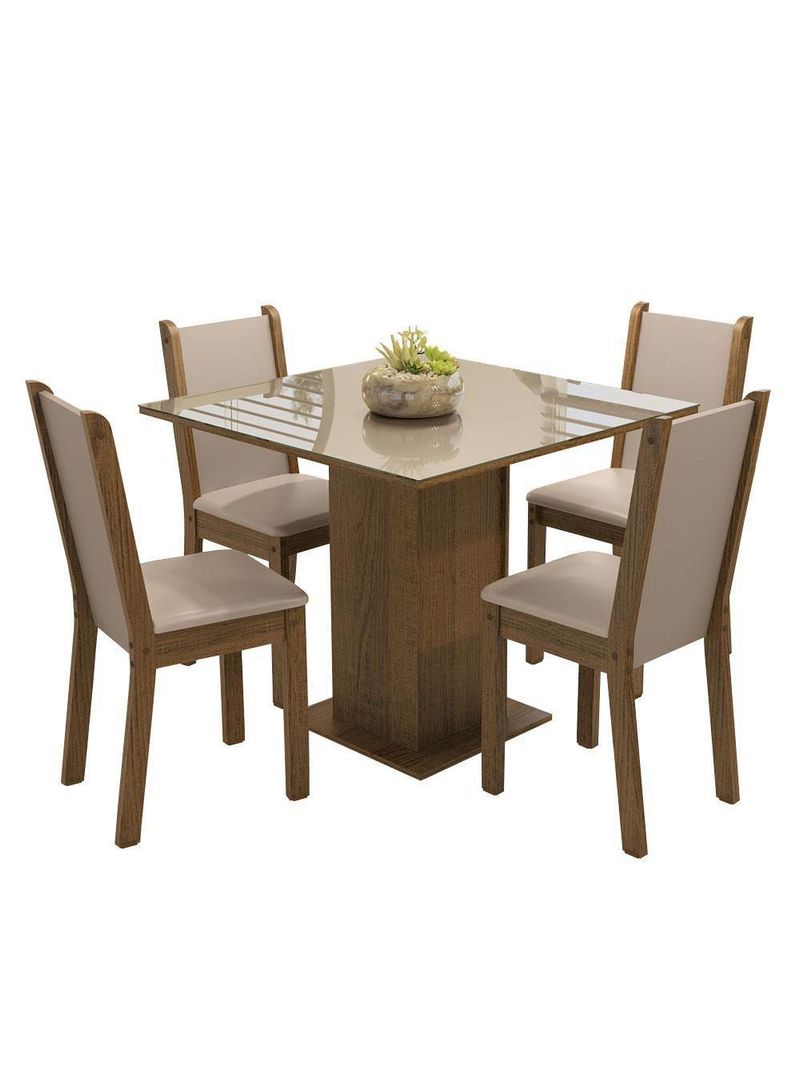 Conjunto Sala De Jantar Mesa Tampo De Vidro 4 Cadeiras Rustic/crema/bege Tifani